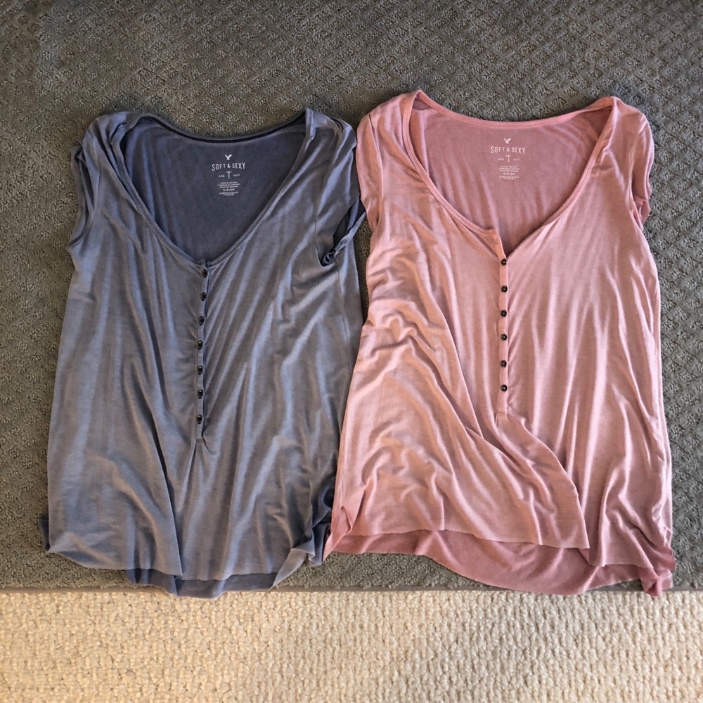 blue and pink flowy button shirts